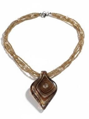 Venetian Murano-Style Art Glass Leaf Beaded Pendant Statement Necklace Handblown